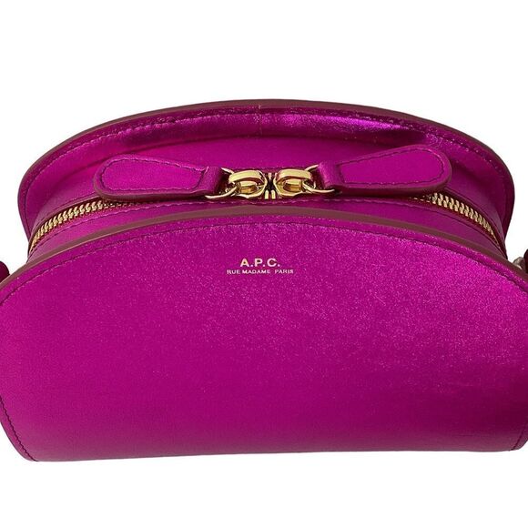 A.P.C Demi Lune Mini Bag Fuchsia Crossbody Purse Metallic Pink Leather - Picture 4 of 14